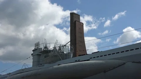Nice view at the submarine U-995 at the beach of Laboe in Germany on a sunny  Stock Footage 155817254