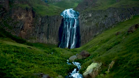 Nice view of the waterfall in the mountains of the North Caucasus. Stock Footage 158821264