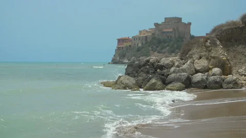 Nice view, the waves crashing against the rock on the sea shore Stock Footage 140147977