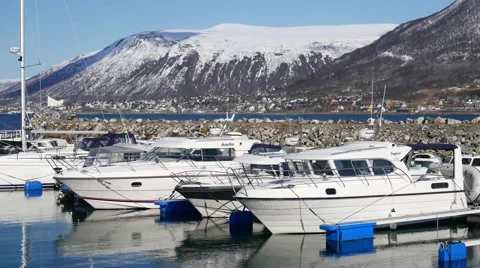 Nice view of the yachts and mountains in northern Norway. Stock Footage 62409537