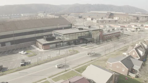 Nice warehouse building in small empty town Stock Footage 146873300