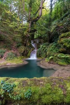 Nice waterfall with a small pool inside a forest Stock-Fotos