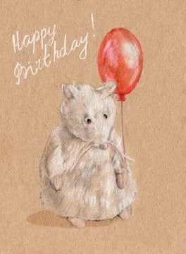 A nice white mouse with bright red balloon Stock Illustration