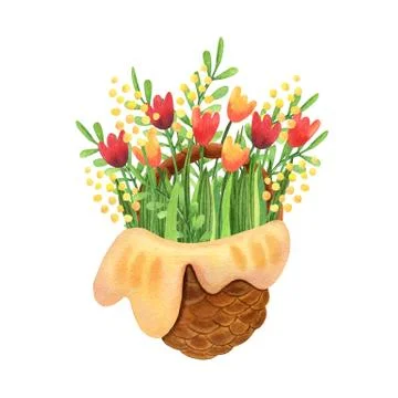 Nice wicker basket full of beautiful spring flowers. Stock Illustration