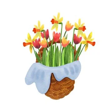 Nice wicker basket full of beautiful spring flowers. Stock Illustration