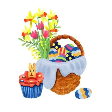 Nice wicker basket full of easter colorful eggs and spring flowers. Stock Illustration