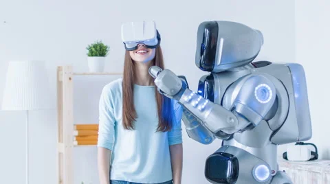Nice woman using virtual reality device Stock Footage 64310756