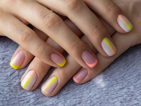 Nice women's manicure, a combination of three colors, pink, yellow and white Stock Photos