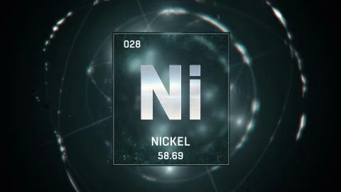 Nickel as Element 28 of the Periodic Table 3D illustration on green background Stock Illustration