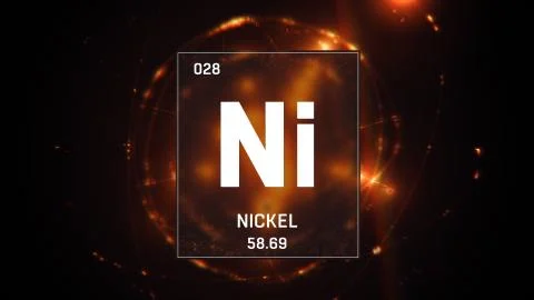 Nickel as Element 28 of the Periodic Table 3D illustration on orange background Stock Illustration