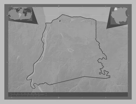 Nickerie, Suriname. Grayscale elevation map with lakes and rivers Stock Illustration