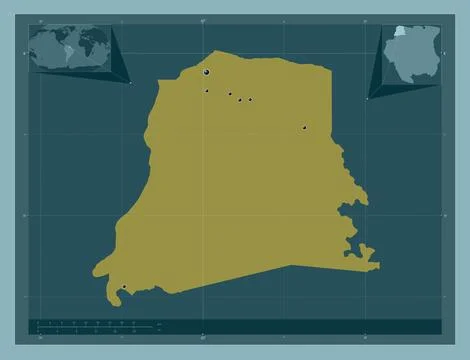 Nickerie, Suriname. Solid color shape. Locations of major cities of the regio Stock Illustration