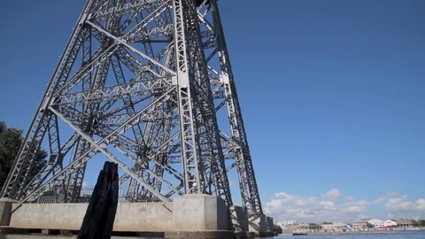 Nicolás Avellaneda Ferry Bridge seen from the water, on a rowing boat crossing t Stock Footage 126809056