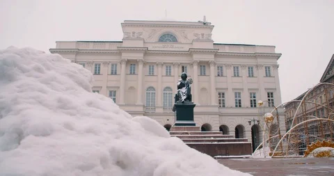 Nicolas Copernicus Monument Behind Snow - Warsaw, Poland (4K) Stock Footage 101293850