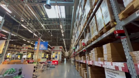 Nicosia, Cyprus – 2024, Oct 26: Rows of large warehouse shelves at IKEA Cyprus Video stock 293577053
