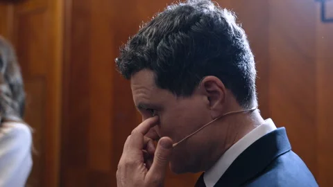 Nicusor Dan, getting ready for live television. Bucharest, Romania 2025, May 20. Stock Footage 313819065