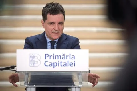 Nicusor Dan, Mayor of Bucharest, Press Conference, Bucharest, Romania Foto stock