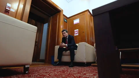 Nicusor Dan in a thinking pose. Bucharest, Romania – 2025, May 20. Video stock 313819314