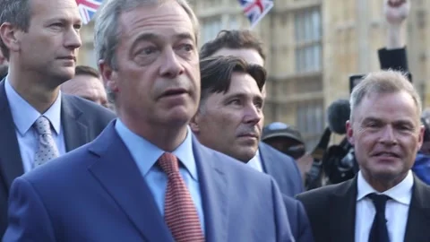 Nigel Farage speaks to the press after the Brexit result in 2016 Stock Footage 306318497