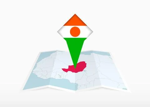 Niger is depicted on a folded paper map and pinned location marker with fla.. Stock Illustration