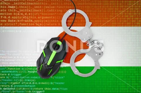 Niger flag and handcuffed computer mouse. Combating computer crime, hackers Stock Photos