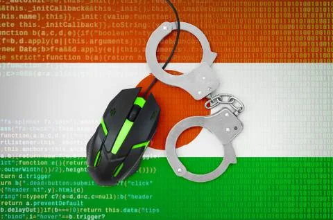 Niger flag  and handcuffed computer mouse. Combating computer crime, hackers  Stock-Fotos