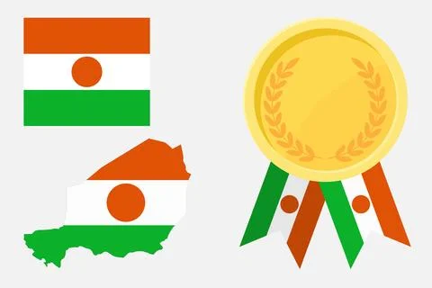 Niger flag with map and gold medal in set for web and banners or app and game Stock Illustration