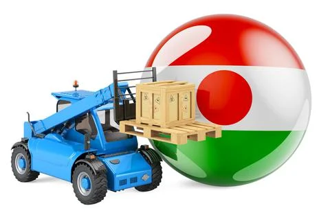 Niger flag with telescopic handler truck and parcel. Cargo shipping in Niger  Stockillustratie