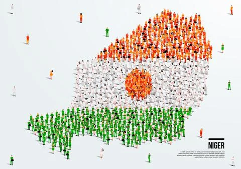 Niger Map and Flag. A large group of people in the Niger flag color. Stock Illustration