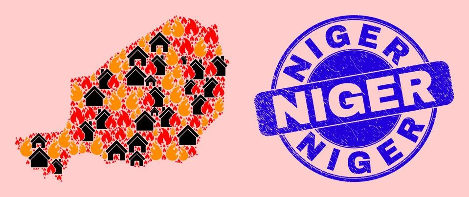 Niger Map Mosaic of Flame and Buildings and Grunge Niger Stamp Ilustración de archivo