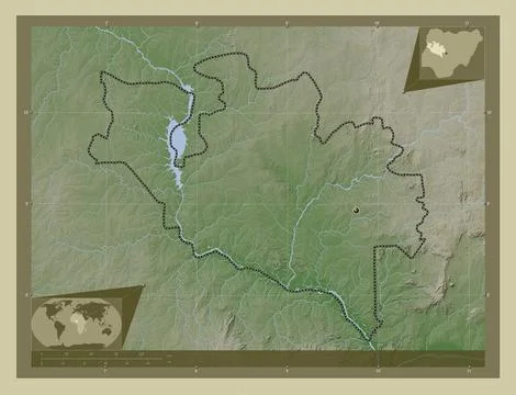 Niger, Nigeria. Elevation map colored in wiki style with lakes and rivers Illustrazione stock