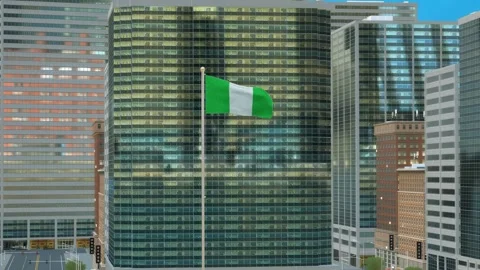 Nigeria Flag 3D Render Animation on Pole with Modern Business District Build Stock-Footage 332882655