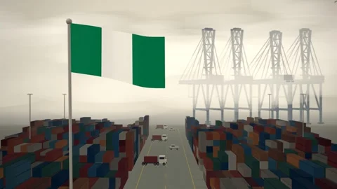 Nigeria Flag Flying Over A Container Port Terminal In Morning Haze Vídeo Stock 344470513