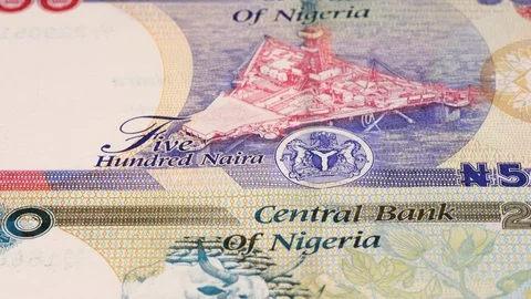 Nigeria naira notes fast tracking. Nigerian money. Slider shot, low angle. 4K Stock Footage 126004885