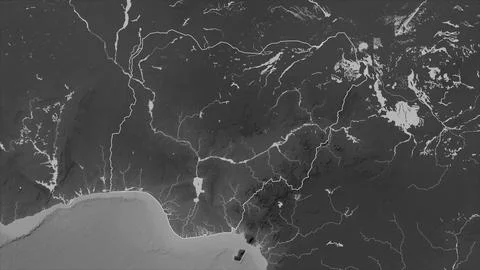Nigeria outlined on a Grayscale elevation map with lakes and rivers Illustrazione stock