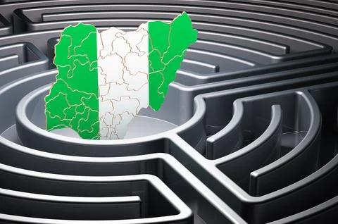 Nigerian map inside labyrinth, 3D rendering Stock Illustration