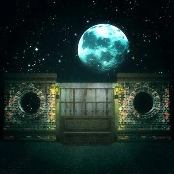 Night 3d brick wall with round window Ilustración de archivo