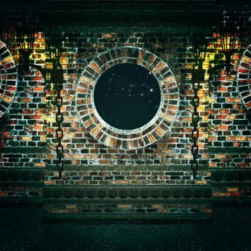 Night 3d brick wall with round window Ilustración de archivo