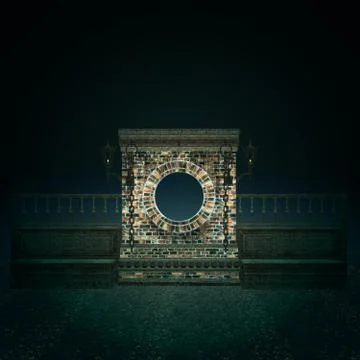 Night 3d brick wall with round window Ilustración de archivo