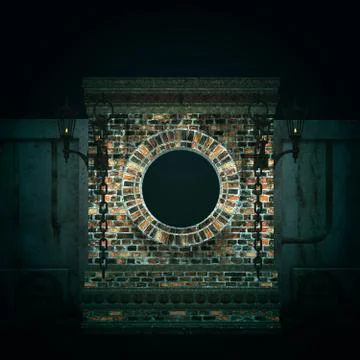 Night 3d brick wall with round window Ilustración de archivo