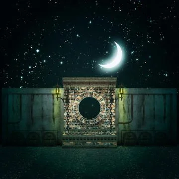 Night 3d brick wall with round window Stock Illustration