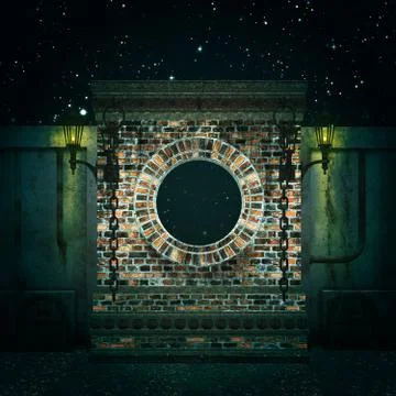 Night 3d brick wall with round window Ilustración de archivo