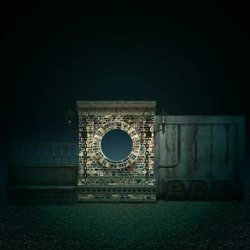 Night 3d brick wall with round window Stock Illustration