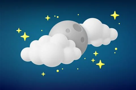 Night 3d moon in clouds and stars. Realistic plasticine sky and planet, yellow Ilustração Stock