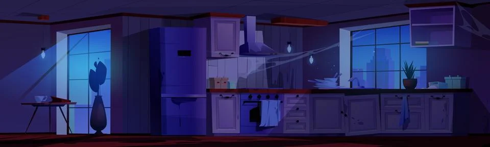 Night abandoned kitchen interior and table cartoon Stock Illustration