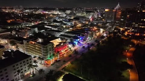 Night Aerial 4K Drone View of South Beach Miami City Lights &amp;amp; Oceanfront Stock Footage 311010363