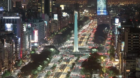 Night aerial Buenos Aires 9 de Julio Avenue Obelisco night cityscape time lapse Stock Footage