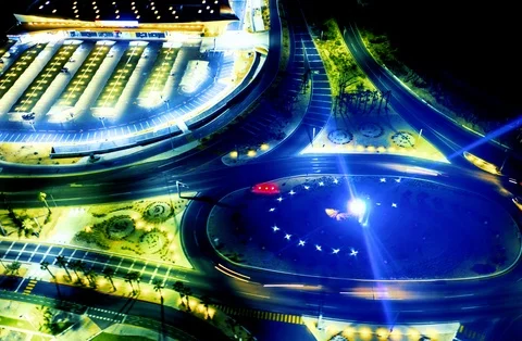 Night Aerial Drone Hyperlapse Traffic Circle, Los Cabos, Mexico. Stock Footage 109191653