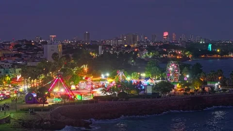 Night Aerial Drone View Flying Forward over Amusement Park at Santo Domingo Vídeos de archivo 345044014