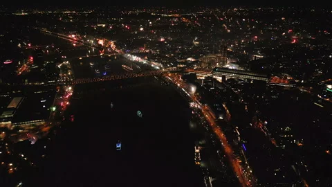 Night aerial of fireworks exploding over Cologne city, Germany 動画素材 326465407